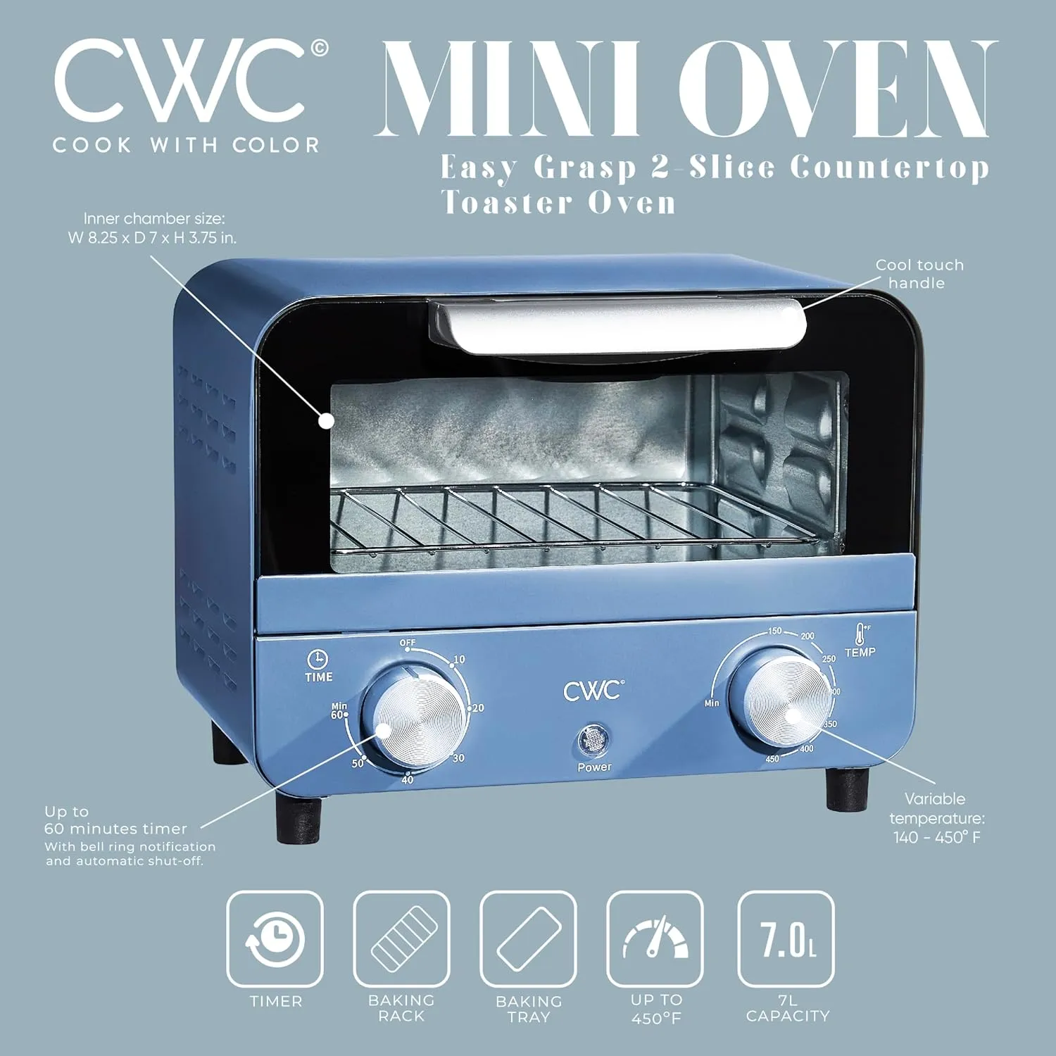 COOK WITH COLOR Mini Toaster Oven: 600W Power, Precision Timer, Auto Shutoff, and Culinary Delights Up To 450 Degrees, Navy