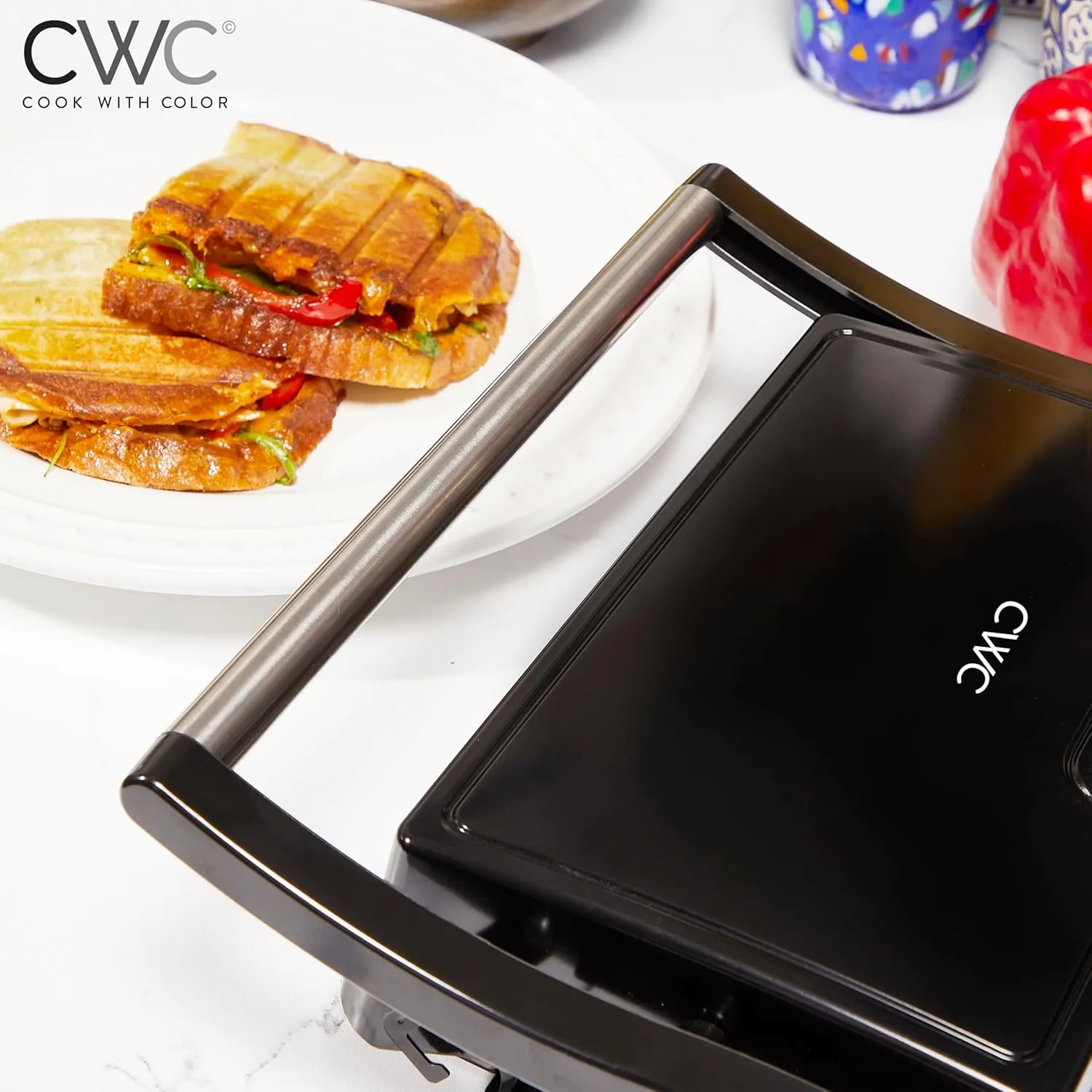 COOK WITH COLOR Panini Maker: 2-Slice Press Grill, 760W Power, Non-Stick Plates, Cool Touch Handle, Compact Design, Fast Cooking - Ideal for Delicious Paninis, Black