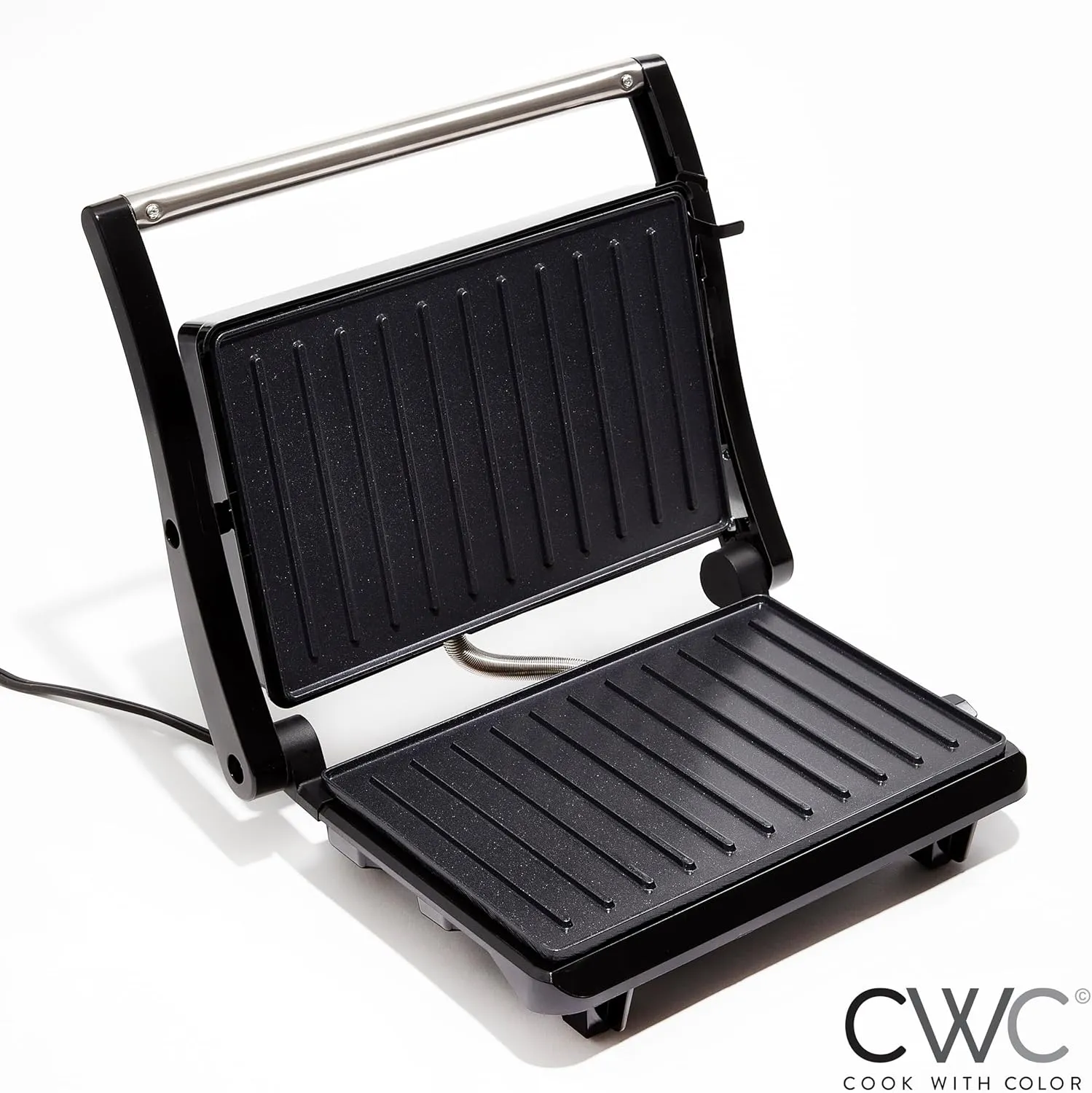 COOK WITH COLOR Panini Maker: 2-Slice Press Grill, 760W Power, Non-Stick Plates, Cool Touch Handle, Compact Design, Fast Cooking - Ideal for Delicious Paninis, Black