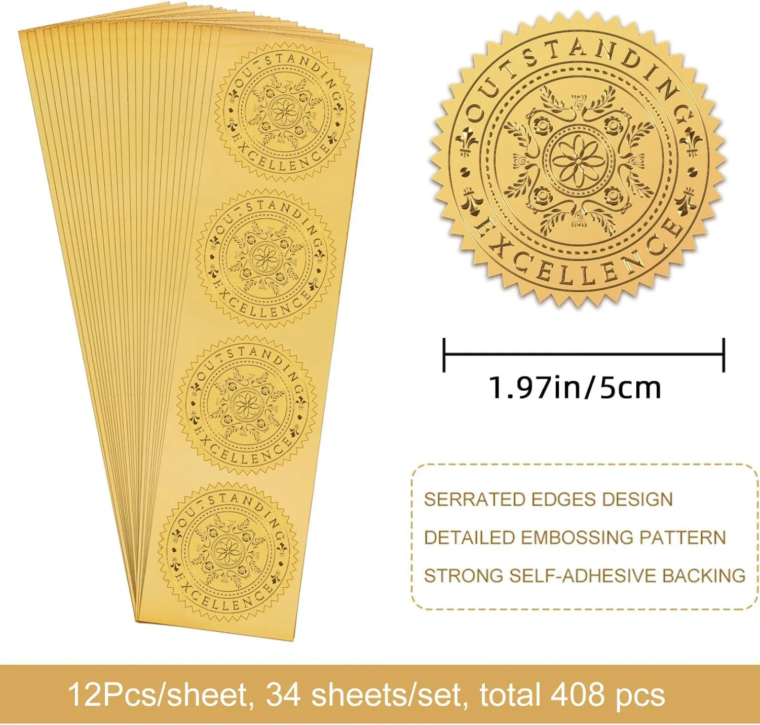 CRASPIRE 408Pcs 2" Gold Foil Certificate Seals Outstranding Excellence Self Adhesive Embossed Seals Gold Stickers Medal Decoration Labels for Envelopes Diplomas Invitation Awards Graduation Wedding