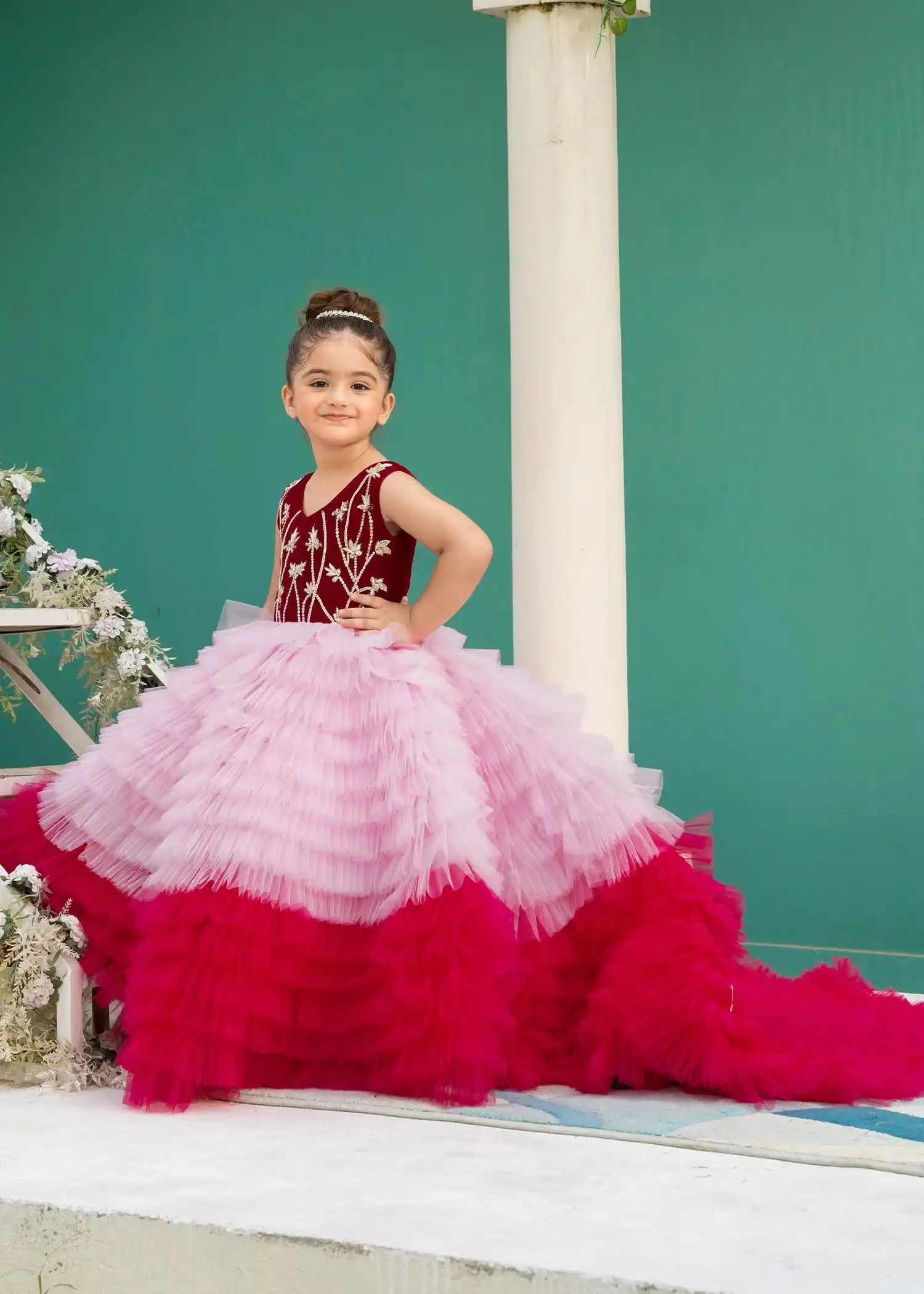 Crimson Blush Tiered Long Train Dress