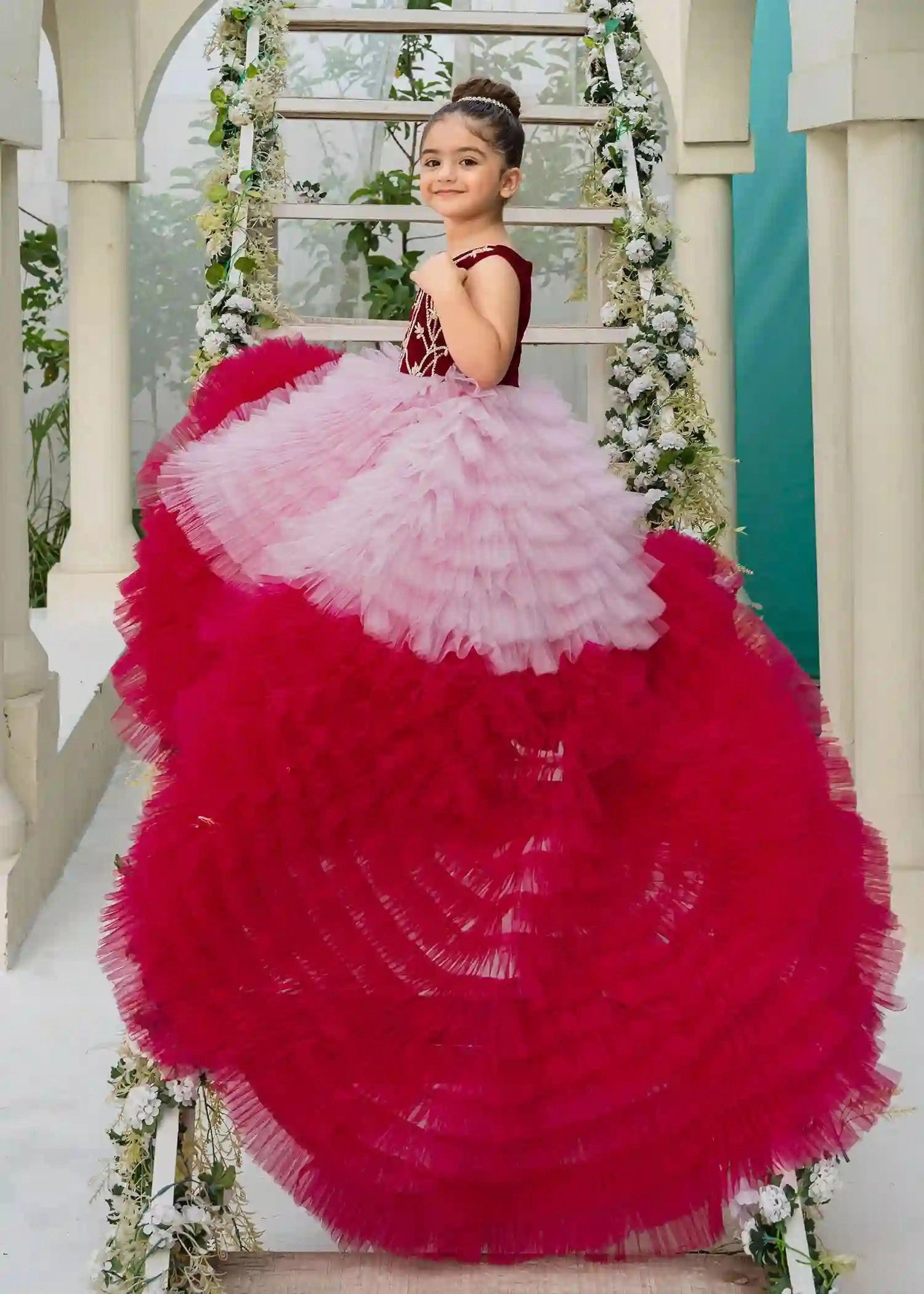 Crimson Blush Tiered Long Train Dress