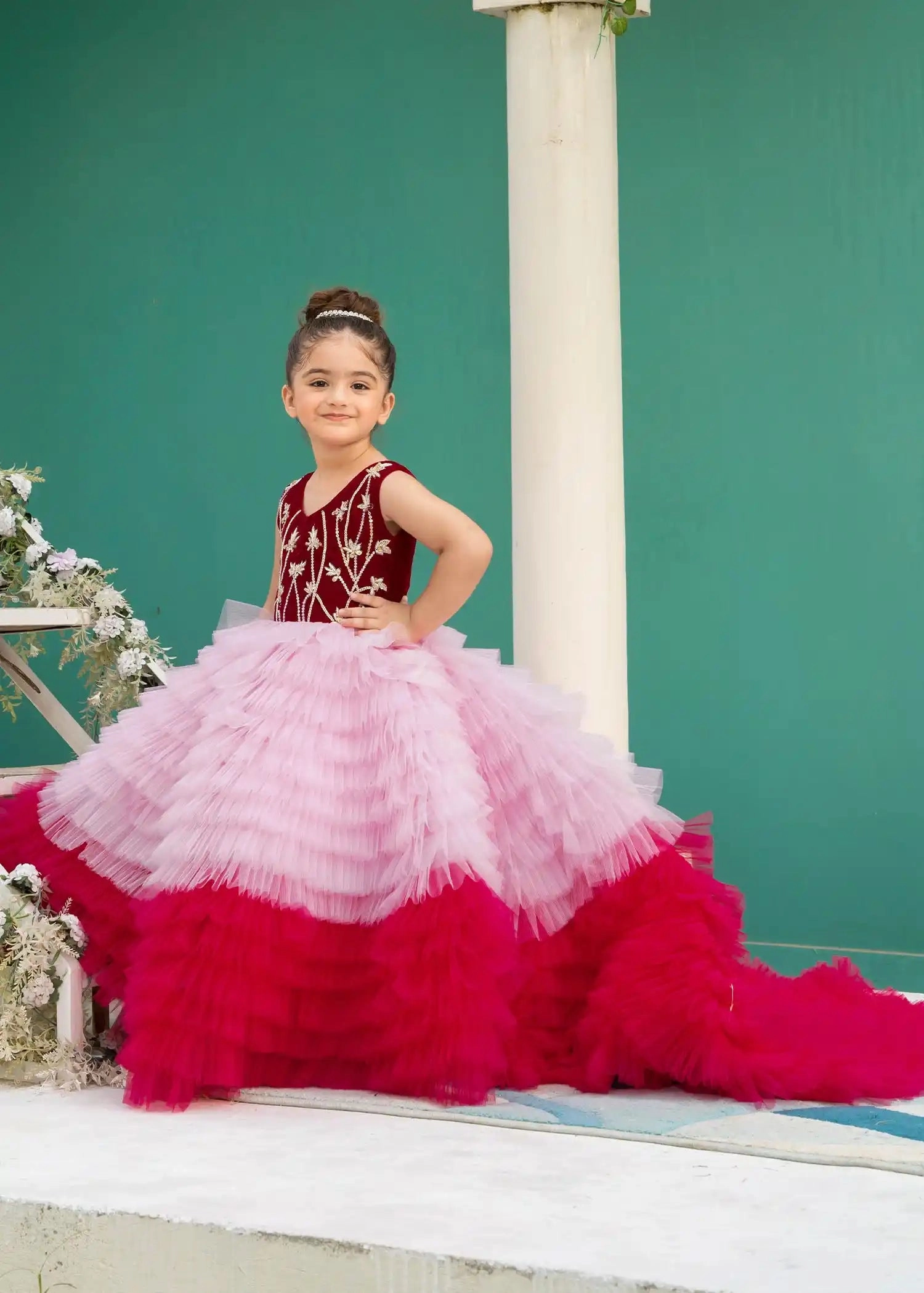 Crimson Blush Tiered Long Train Dress
