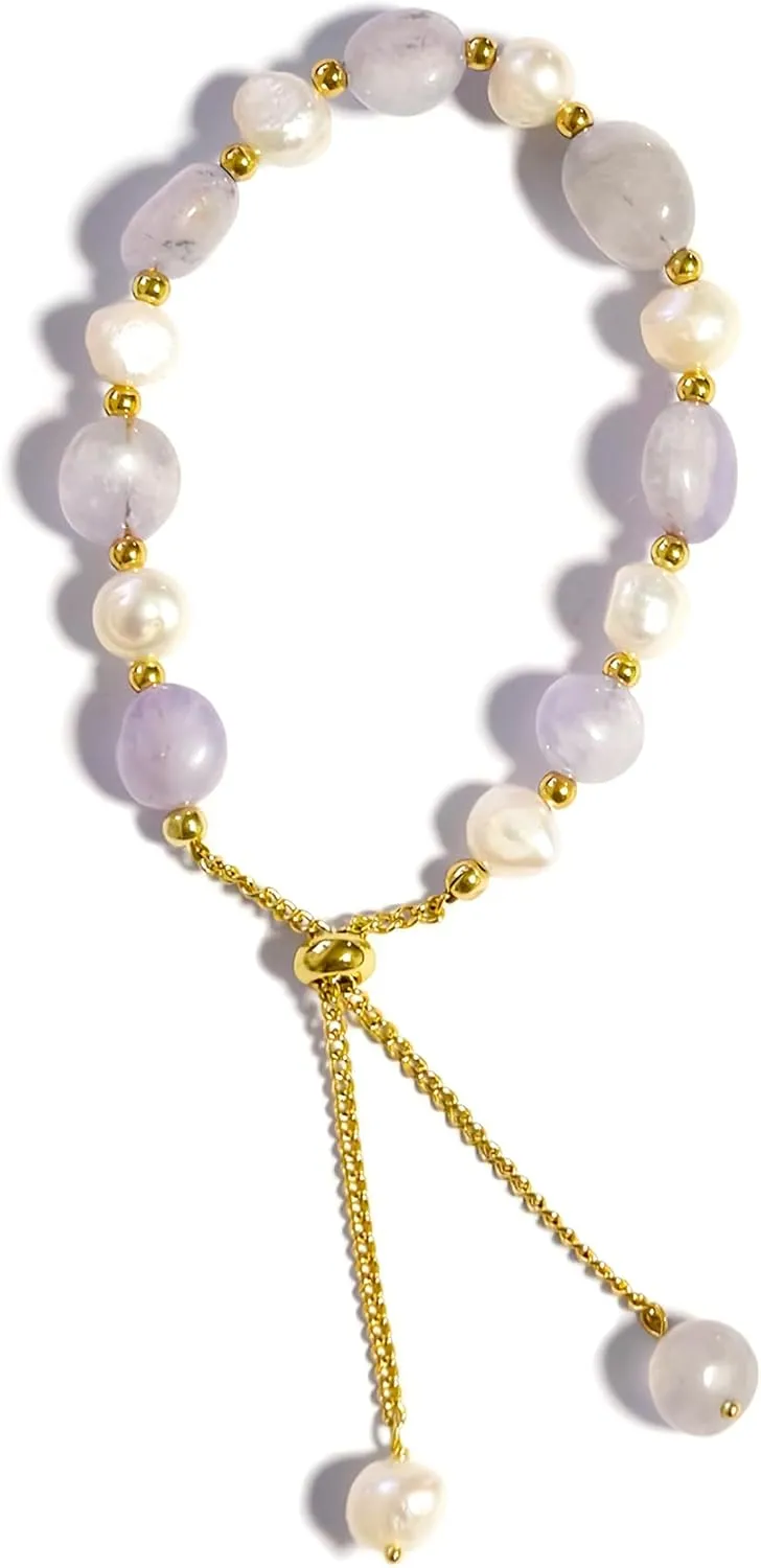 Cultured Freshwater Pearls and Natural Stones Beaded Gold Bracelet Christmas gifts for Women Multicolor Adjustable Slider Bracelets Aventurine/Morganite/Sunstone/Agate Charm Jewelry Synthetic Pearl