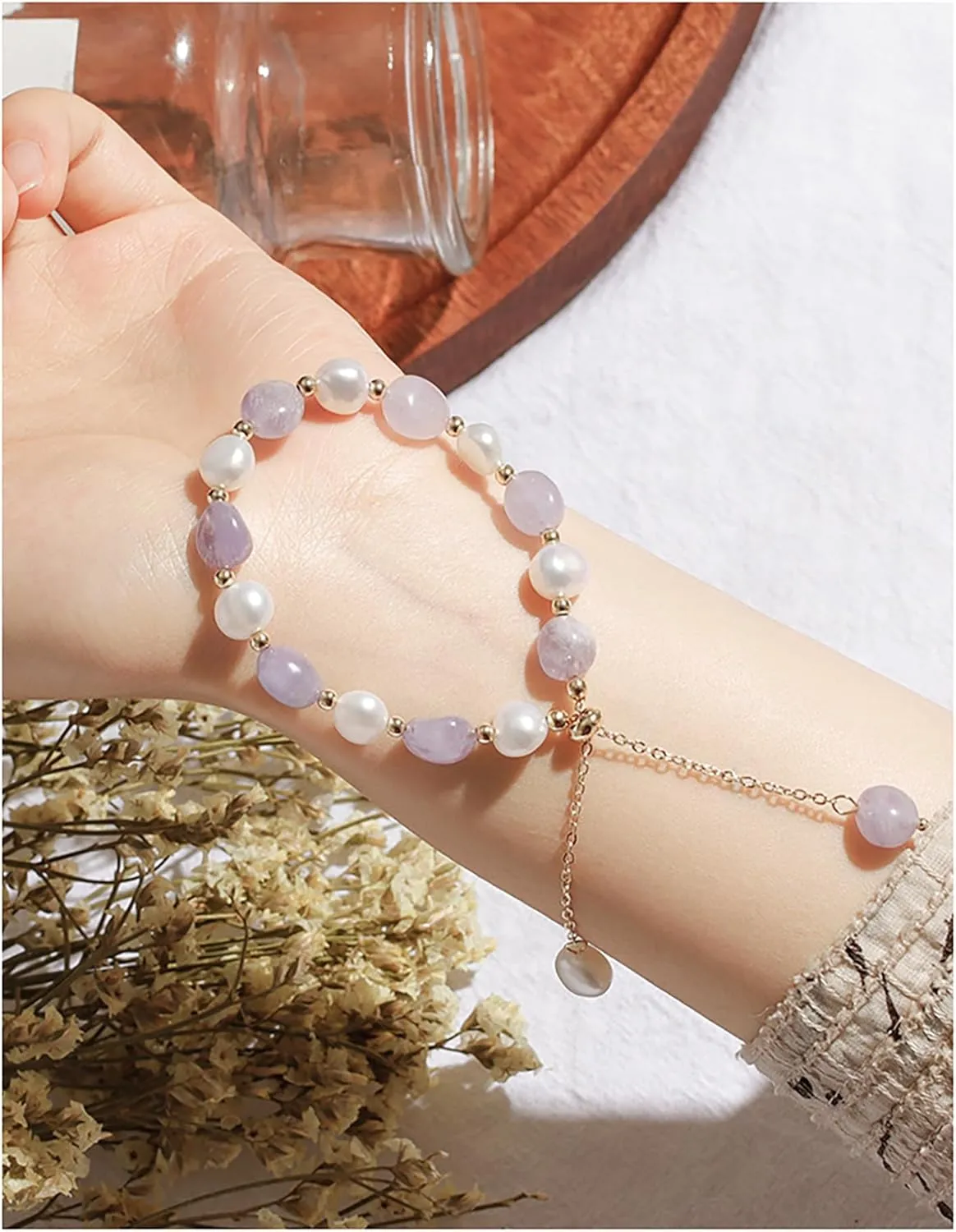 Cultured Freshwater Pearls and Natural Stones Beaded Gold Bracelet Christmas gifts for Women Multicolor Adjustable Slider Bracelets Aventurine/Morganite/Sunstone/Agate Charm Jewelry Synthetic Pearl