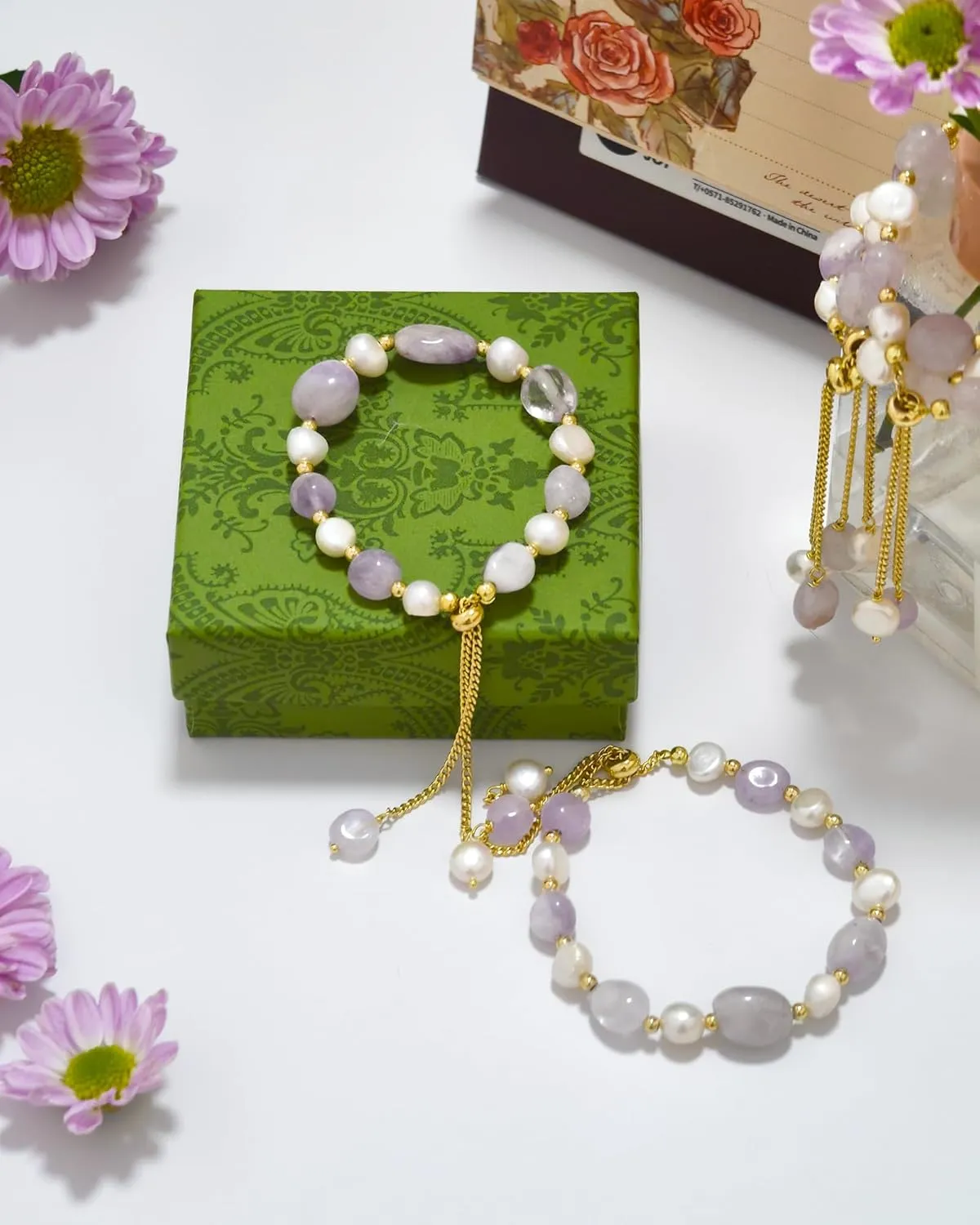 Cultured Freshwater Pearls and Natural Stones Beaded Gold Bracelet Christmas gifts for Women Multicolor Adjustable Slider Bracelets Aventurine/Morganite/Sunstone/Agate Charm Jewelry Synthetic Pearl