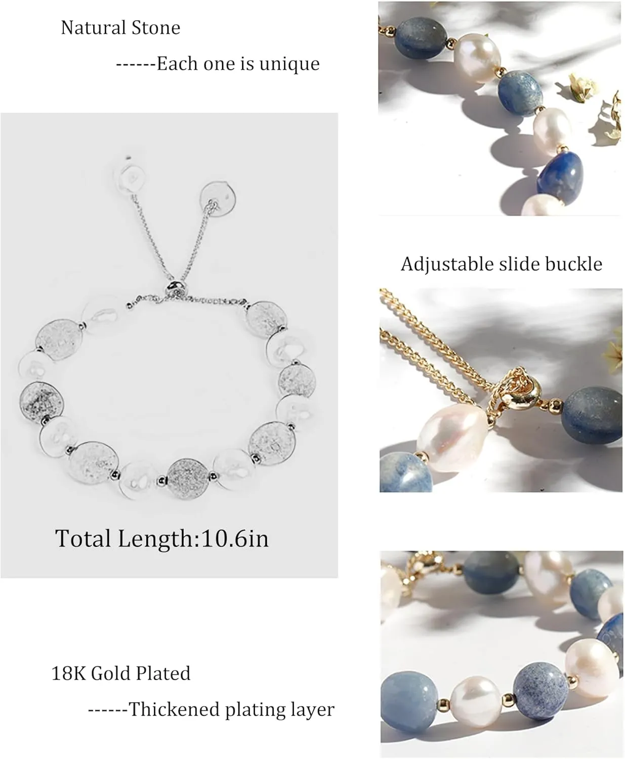 Cultured Freshwater Pearls and Natural Stones Beaded Gold Bracelet Christmas gifts for Women Multicolor Adjustable Slider Bracelets Aventurine/Morganite/Sunstone/Agate Charm Jewelry Synthetic Pearl