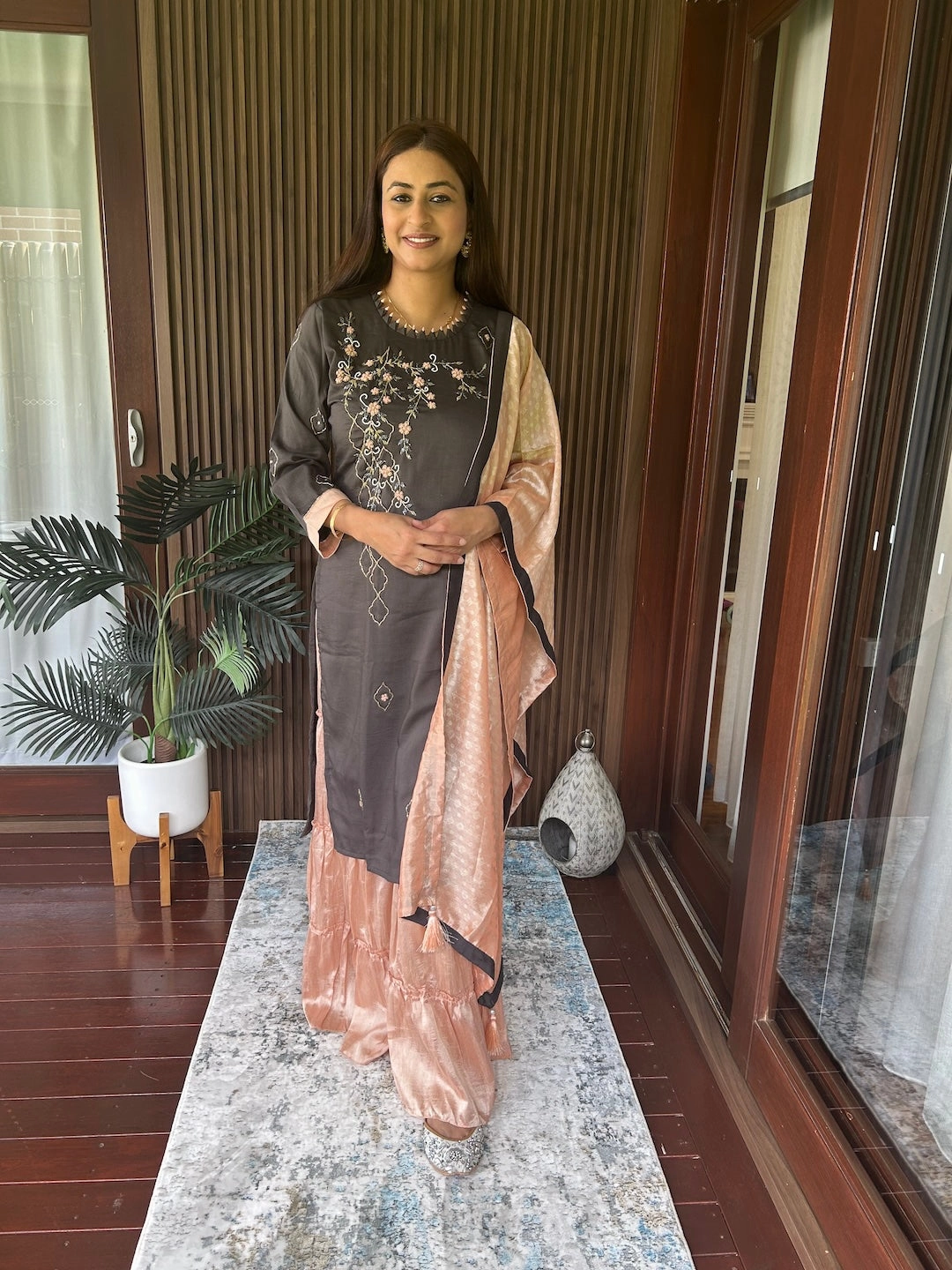 Dark Grey & Peach Silk Sharara Suit