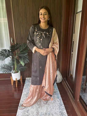 Dark Grey & Peach Silk Sharara Suit