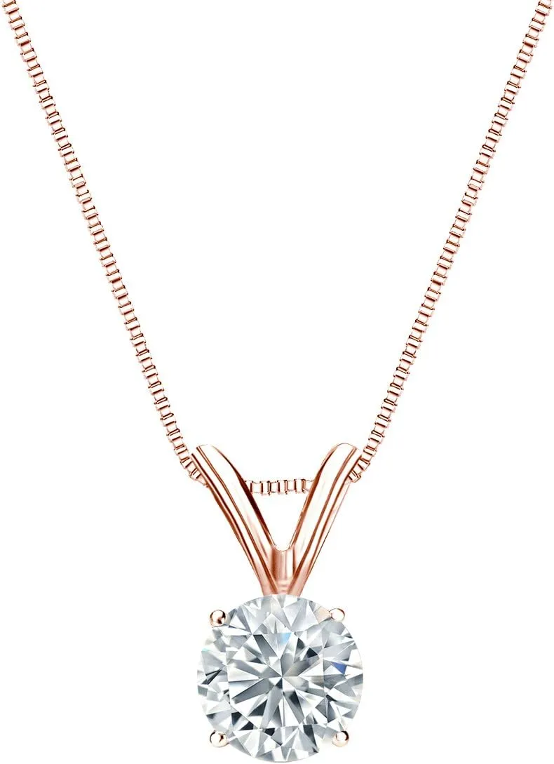 Diamond Wish 14k Rose Gold Round Solitaire Diamond Pendant Necklace (3/8cttw, H-I, I1-I2) 4-Prong Basket, 18-inch Box Chain