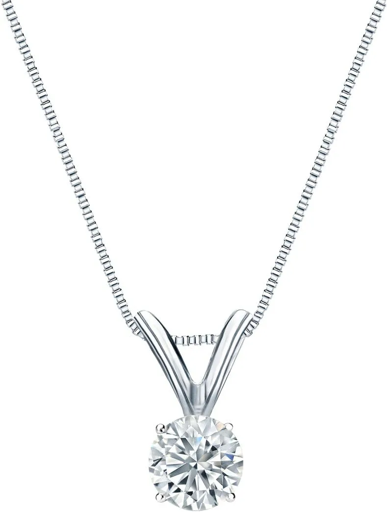 Diamond Wish 18k Gold Round Diamond Solitaire Pendant (1/5 to 1 Carat TW, H-I, I1-I2) 4-Prong Basket, 18-inch Box Chain