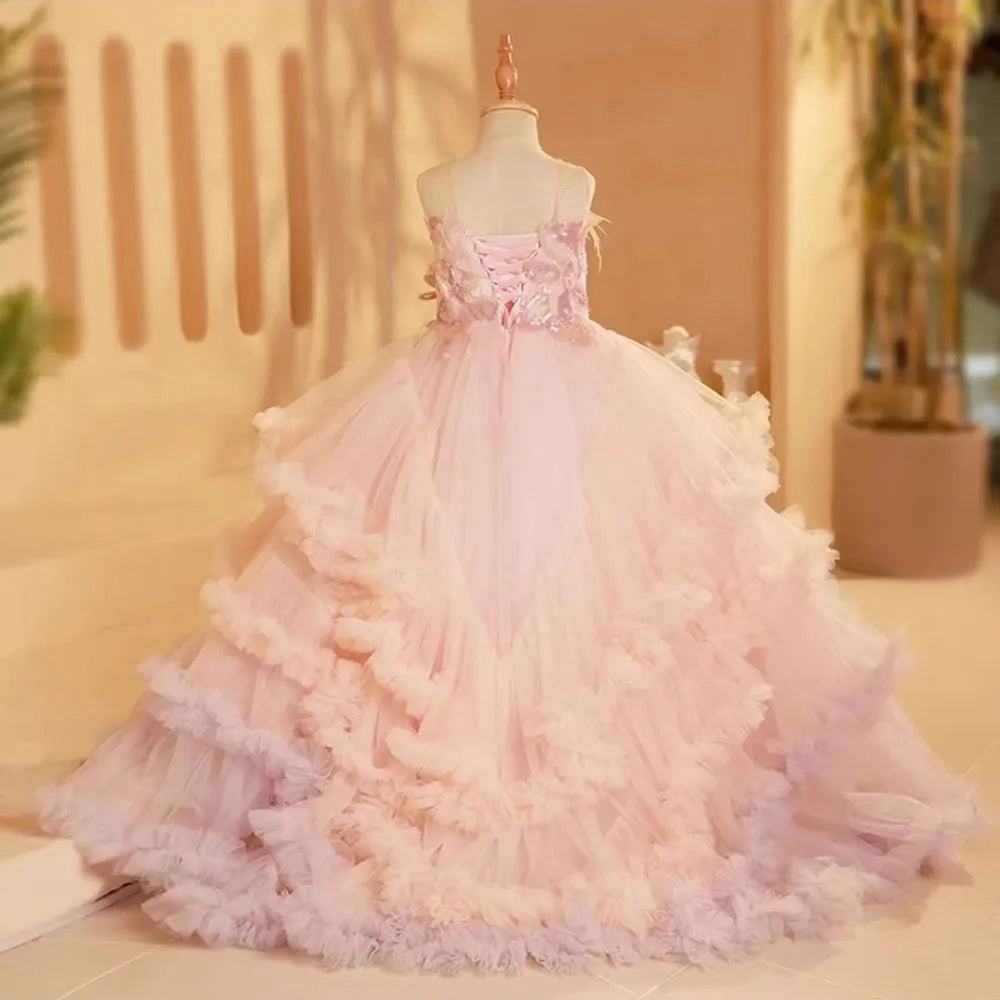 DreamyVow Luxury Blush Flower Girl Dress Feathers Arabic Princess J246