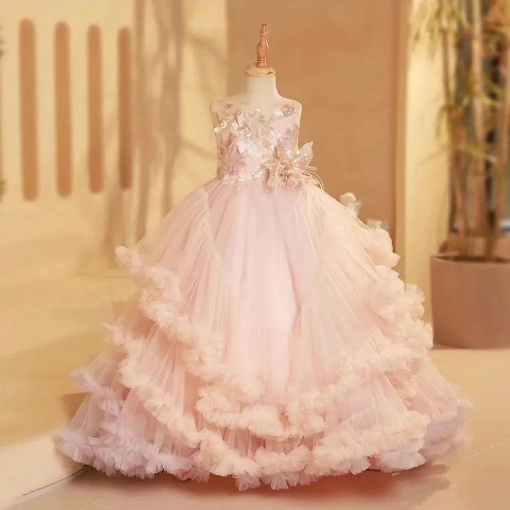 DreamyVow Luxury Blush Flower Girl Dress Feathers Arabic Princess J246