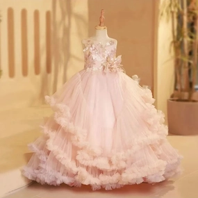DreamyVow Luxury Blush Flower Girl Dress Feathers Arabic Princess J246