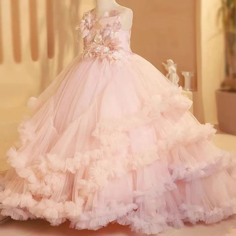 DreamyVow Luxury Blush Flower Girl Dress Feathers Arabic Princess J246