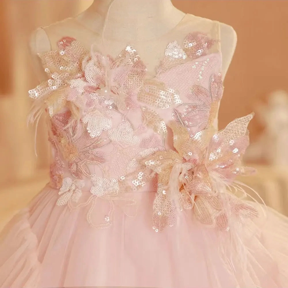 DreamyVow Luxury Blush Flower Girl Dress Feathers Arabic Princess J246