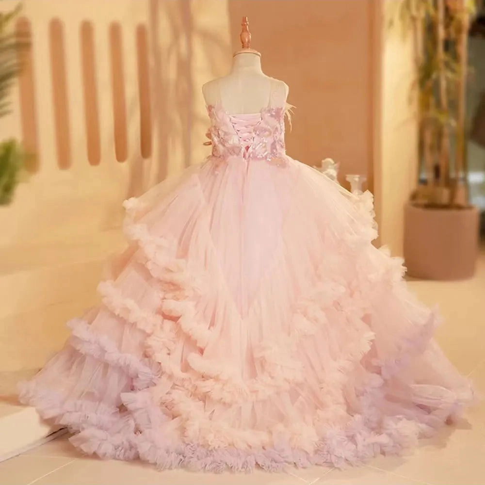 DreamyVow Luxury Blush Flower Girl Dress Feathers Arabic Princess J246