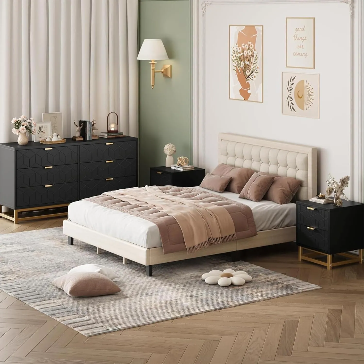 Dresser for Bedroom, 53.5" Large Dresser Organizer, 6 Drawer with Golden Metal Handle and Legs, Modern Chest of Drawers, Black Dressers with Drawers for Closet, Hallway, Living Room, Entryway
