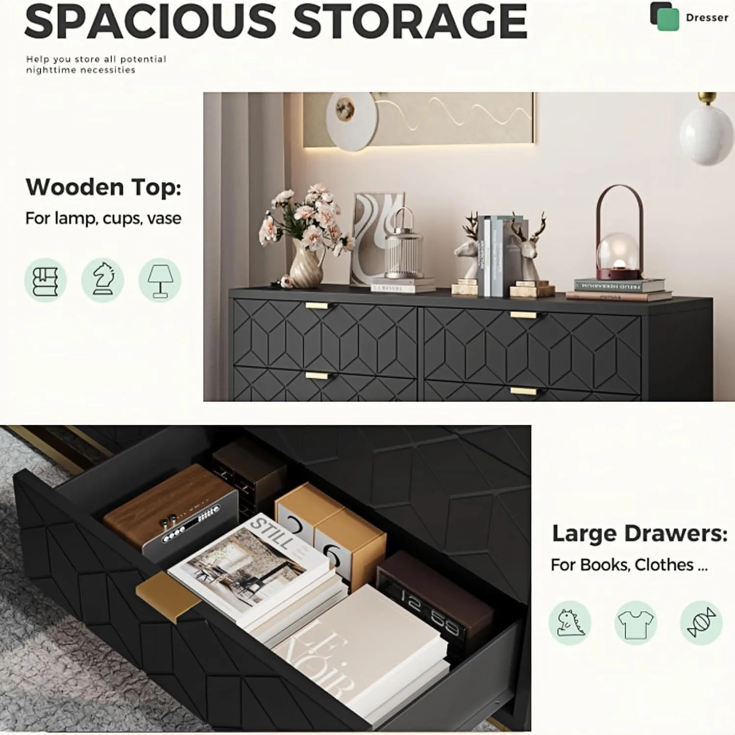Dresser for Bedroom, 53.5" Large Dresser Organizer, 6 Drawer with Golden Metal Handle and Legs, Modern Chest of Drawers, Black Dressers with Drawers for Closet, Hallway, Living Room, Entryway
