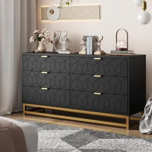 Dresser for Bedroom, 53.5" Large Dresser Organizer, 6 Drawer with Golden Metal Handle and Legs, Modern Chest of Drawers, Black Dressers with Drawers for Closet, Hallway, Living Room, Entryway