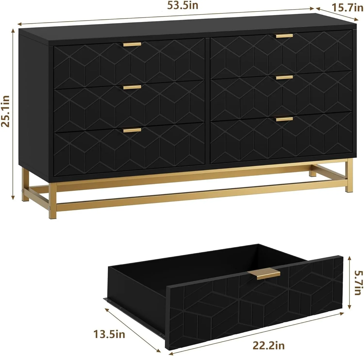 Dresser for Bedroom, 53.5" Large Dresser Organizer, 6 Drawer with Golden Metal Handle and Legs, Modern Chest of Drawers, Black Dressers with Drawers for Closet, Hallway, Living Room, Entryway
