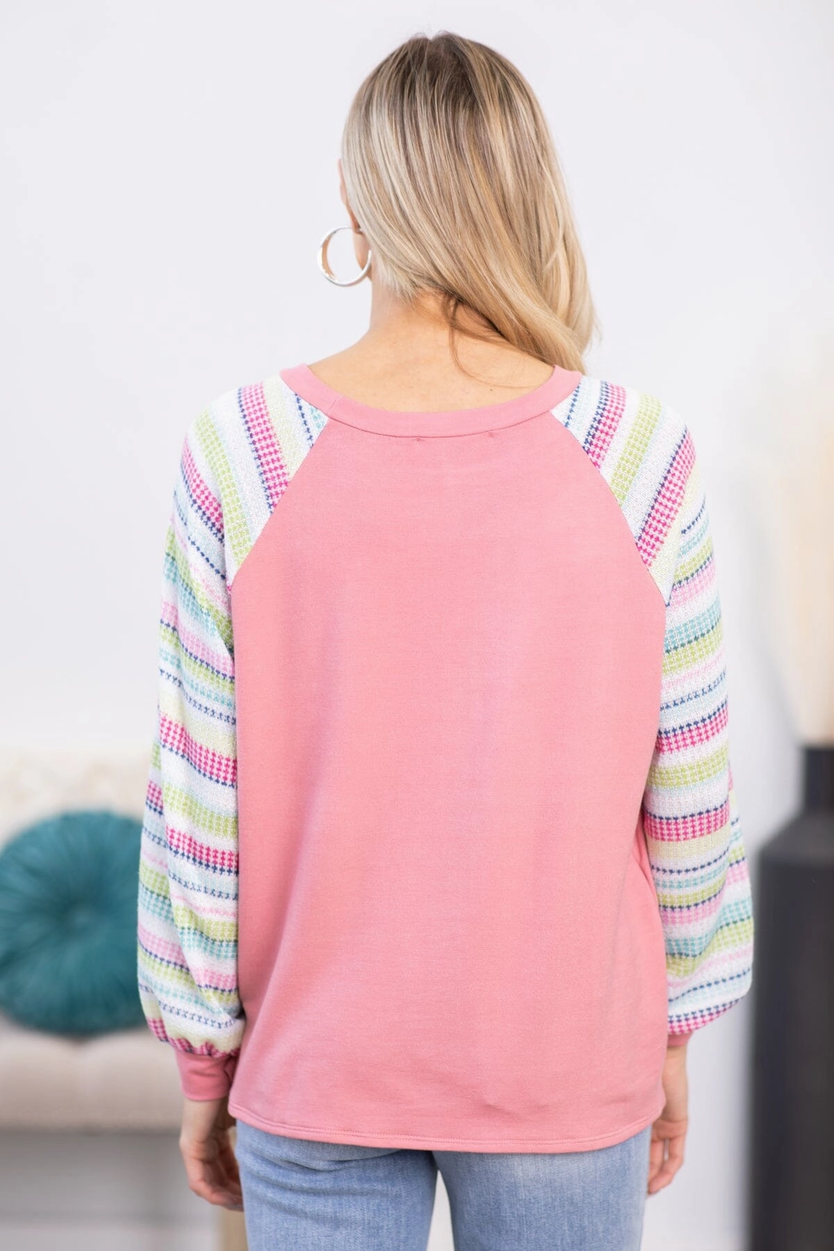 Dusty Rose Multicolor Stripe Sleeve Top