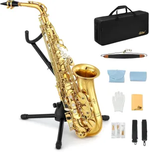 Eastar AS-Ⅱ Student Alto Saxophone E Flat Gold Lacquer Alto Beginner Sax Full Kit With Carrying Sax Case Mouthpiece Straps Reeds Stand