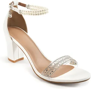 Ecetana Womens Sandals High Heels Open Toe Rhinestone Pearl Block Chunky Heeled Ankle Strap Dressy Sexy Shoes for Wedding Party