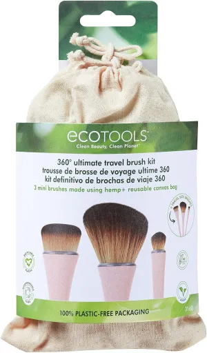 EcoTools 360 Ultimate Compact Hemp Makeup Brush Set with   Makeup Travel Bag, Set of 3 Brushes