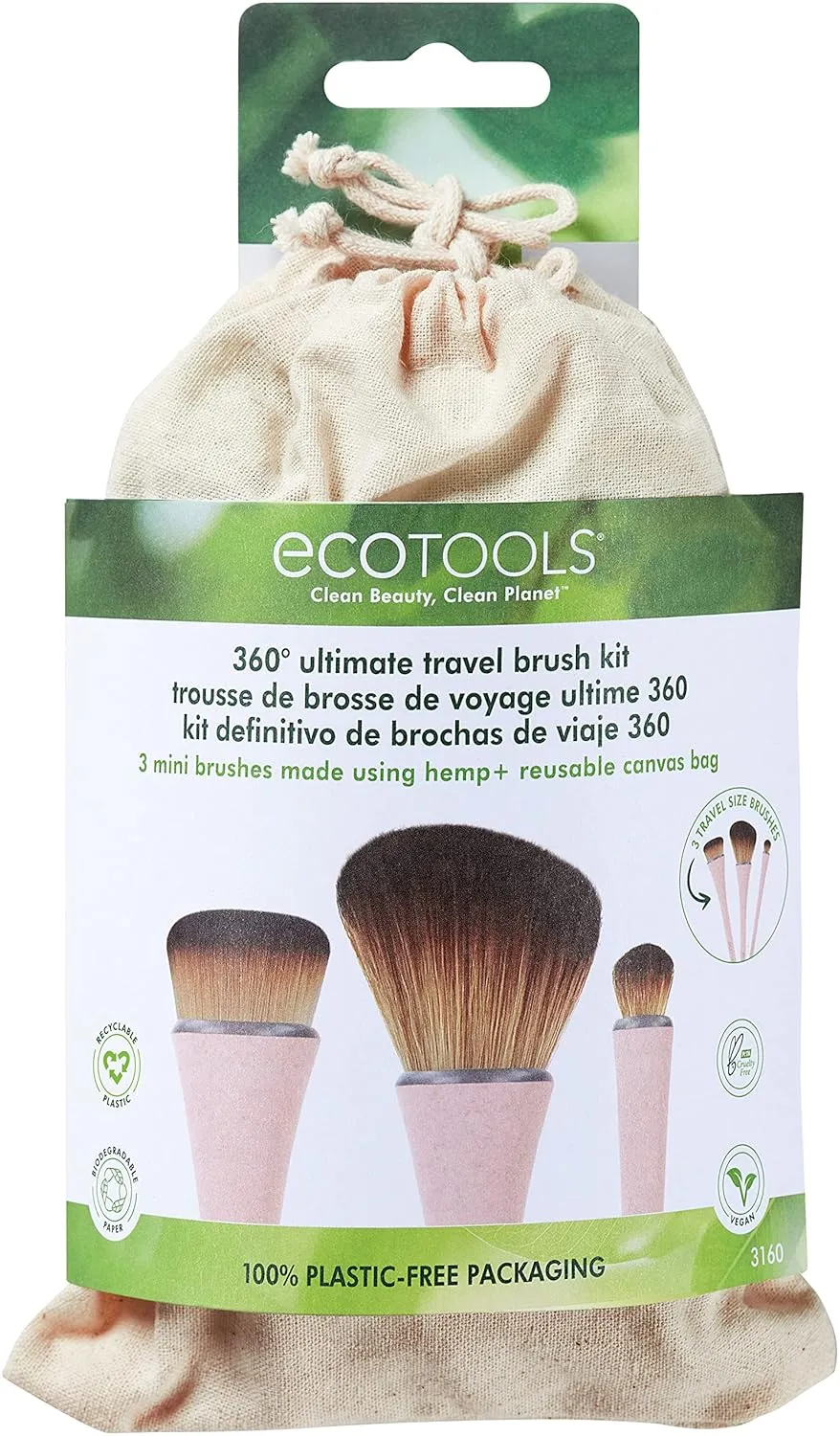 EcoTools 360 Ultimate Compact Hemp Makeup Brush Set with   Makeup Travel Bag, Set of 3 Brushes