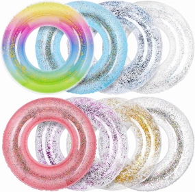 Elcoho 8 Pieces 36 Inches Inflatable Pool Floats Colorful Glitter Pool Tubes Transparent Swimming Ring Pool Floats Toy for Summer Beach, Pool Supplies
