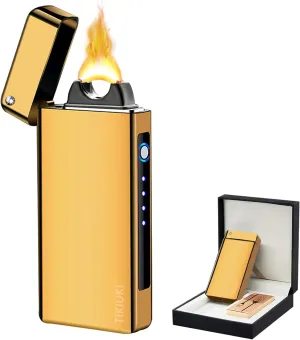 Electric Plasma Dual Arc Lighter - Flameless Windproof Electronic With Smart Chip for Candle, Incense Stick, Outdoor Camping (Golden)