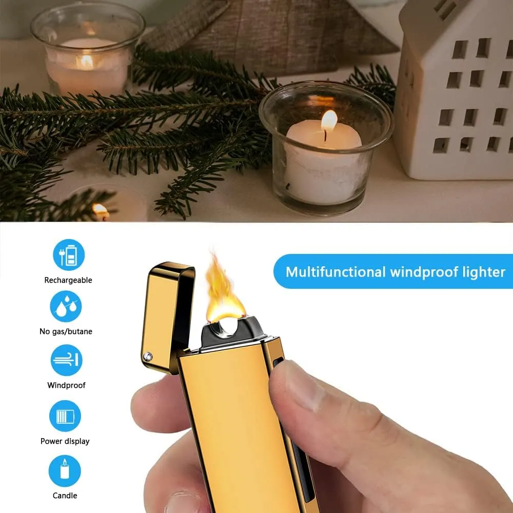 Electric Plasma Dual Arc Lighter - Flameless Windproof Electronic With Smart Chip for Candle, Incense Stick, Outdoor Camping (Golden)