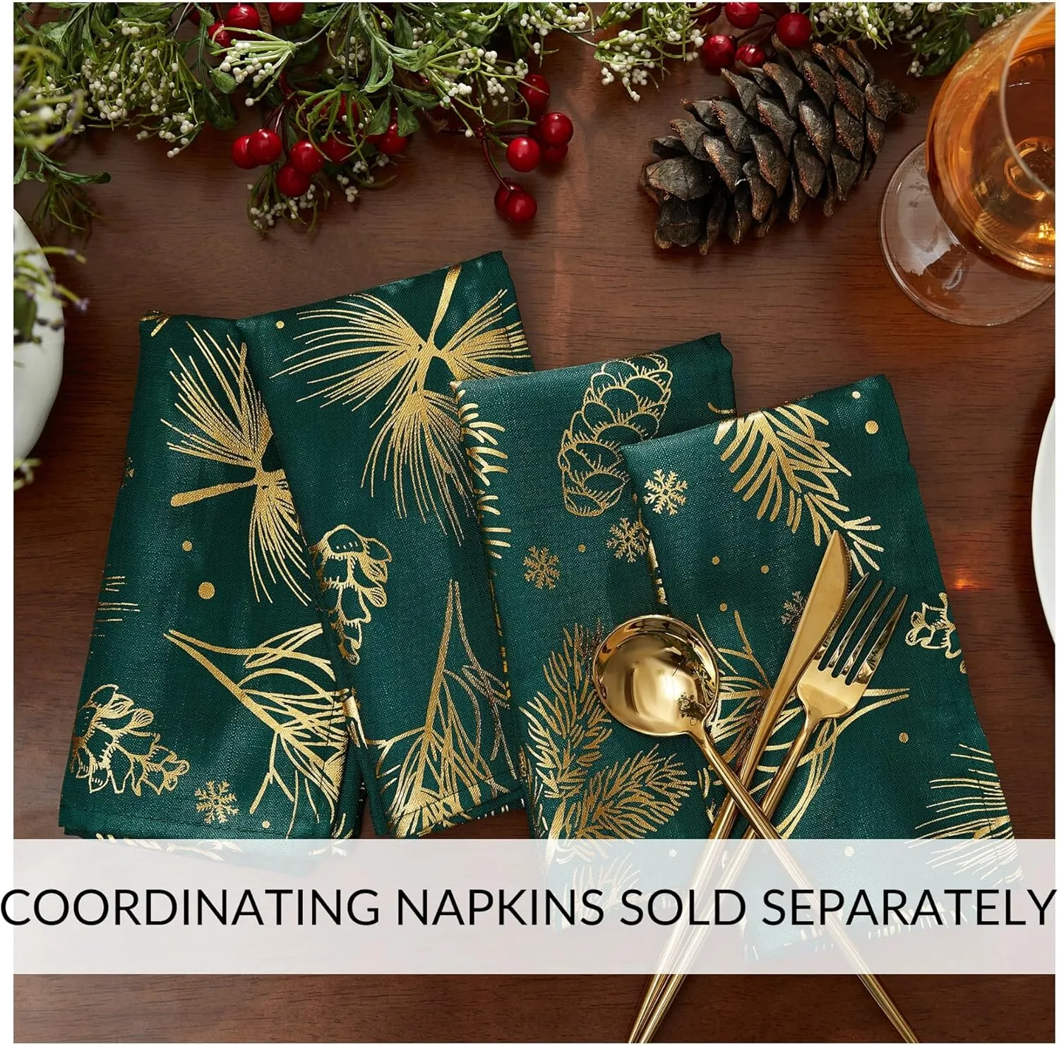 Elrene Home Fashions Pine Leaf Metallic Foil Printed Fabric Holiday/Christmas Rectangle Dining Tablecloth, 60"x84"