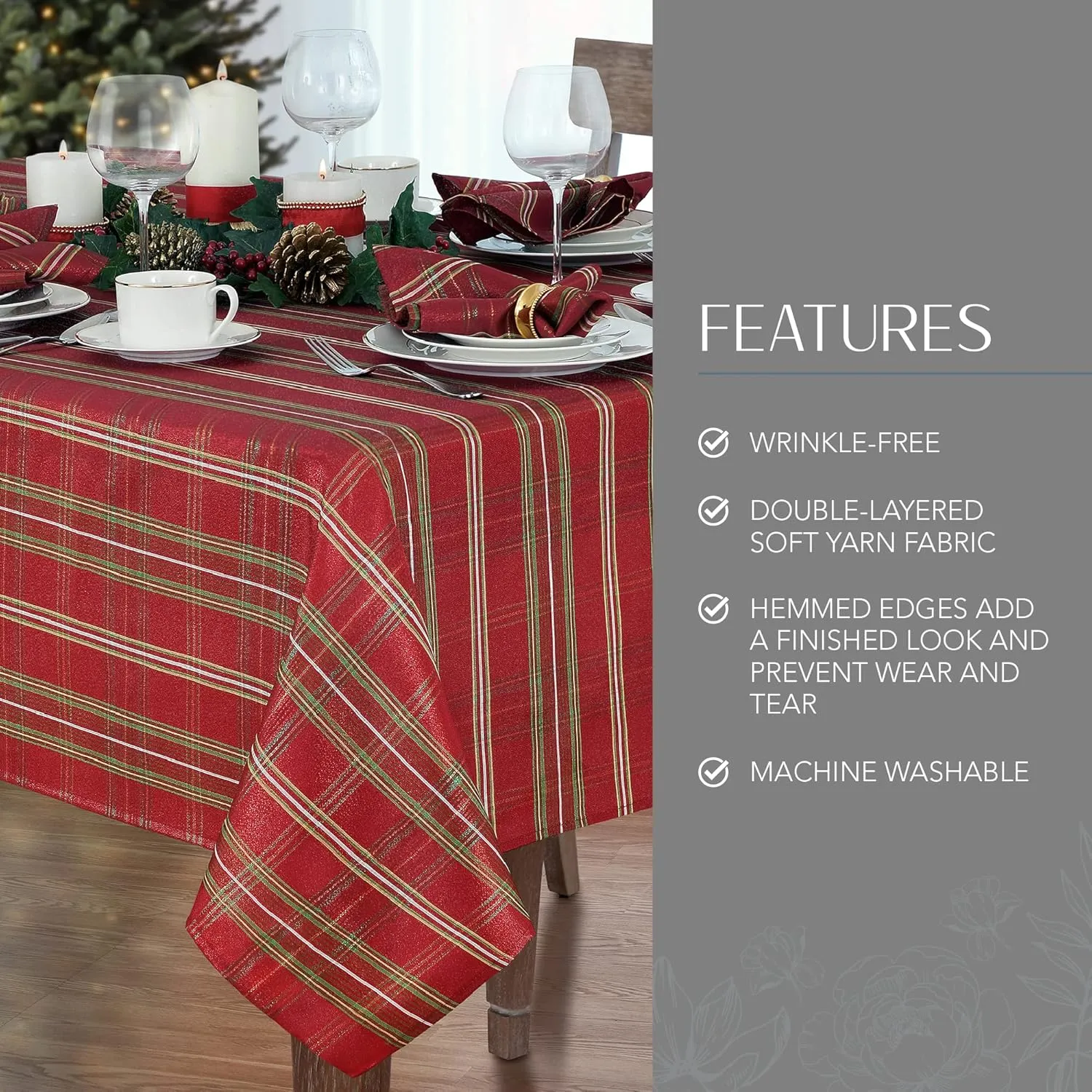 Elrene Home Fashions Shimmering Plaid Holiday Fabric Tablecloth, 60" x 120", Red