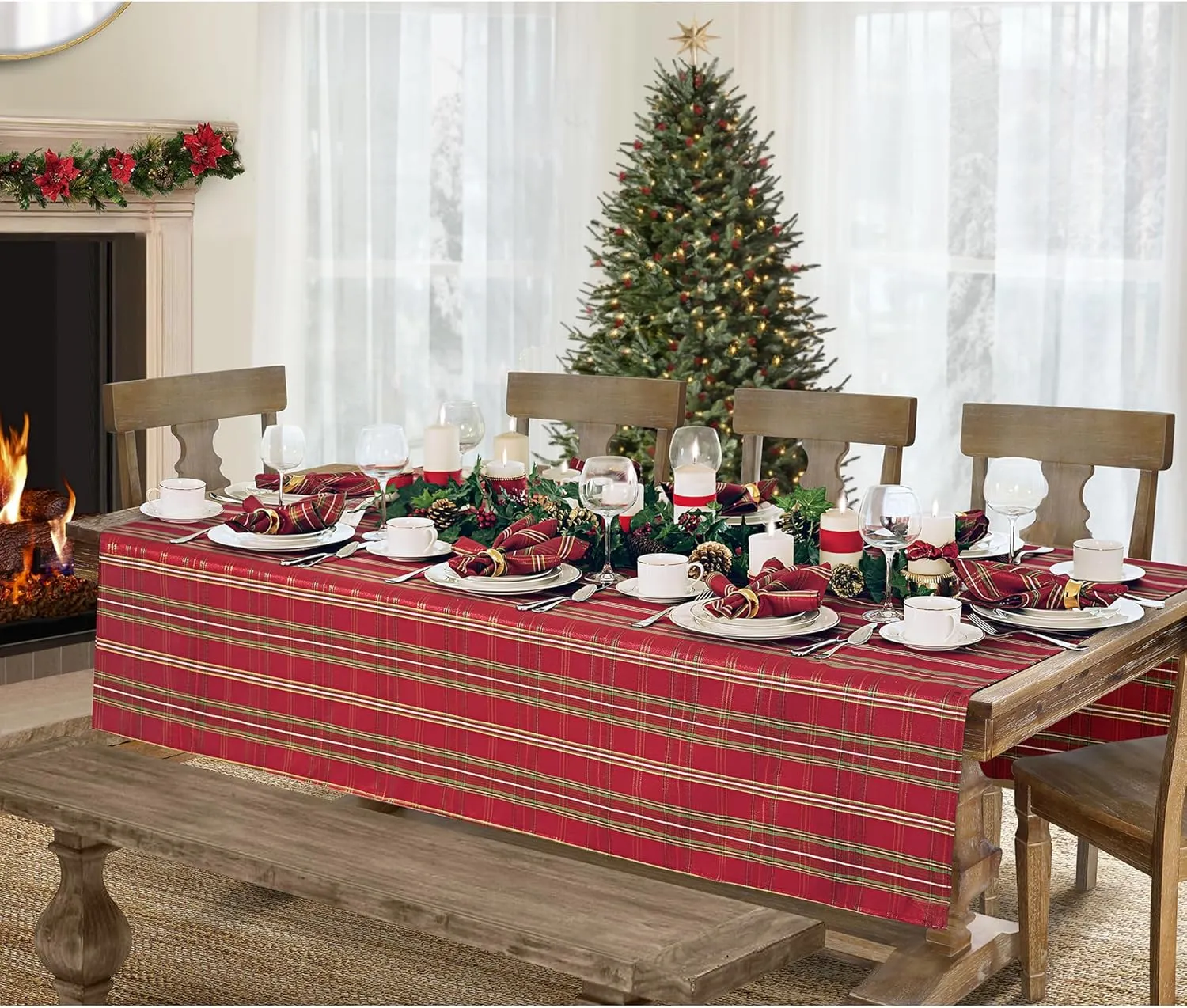 Elrene Home Fashions Shimmering Plaid Holiday Fabric Tablecloth, 60" x 120", Red