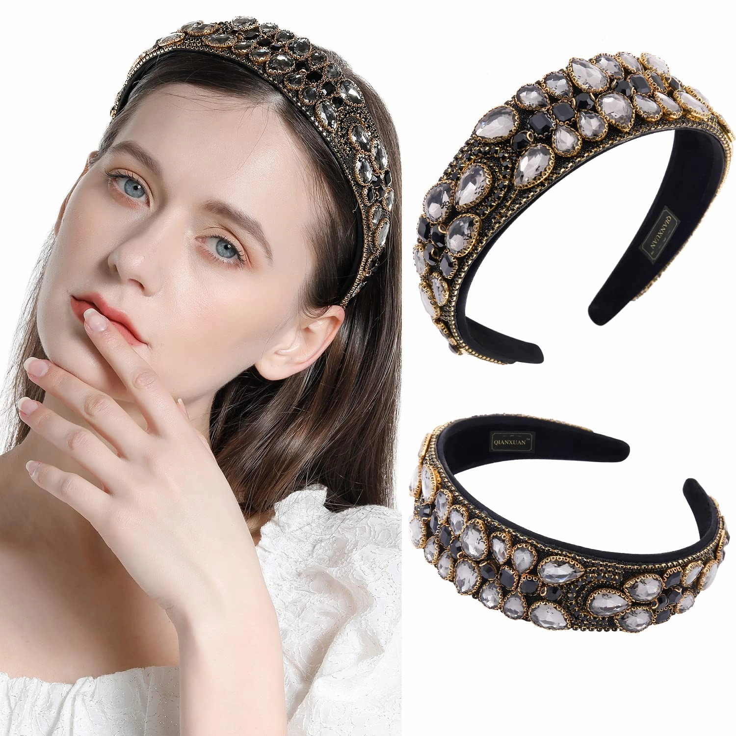 Embellished Rhinestones Headbands, Women's Hair Accessories, Fashion Crystal Beaded Headbands, Bling Chains Diamond Hairband, Party Girl Hair Hoop, Faux Gem, White, Black, Baroque