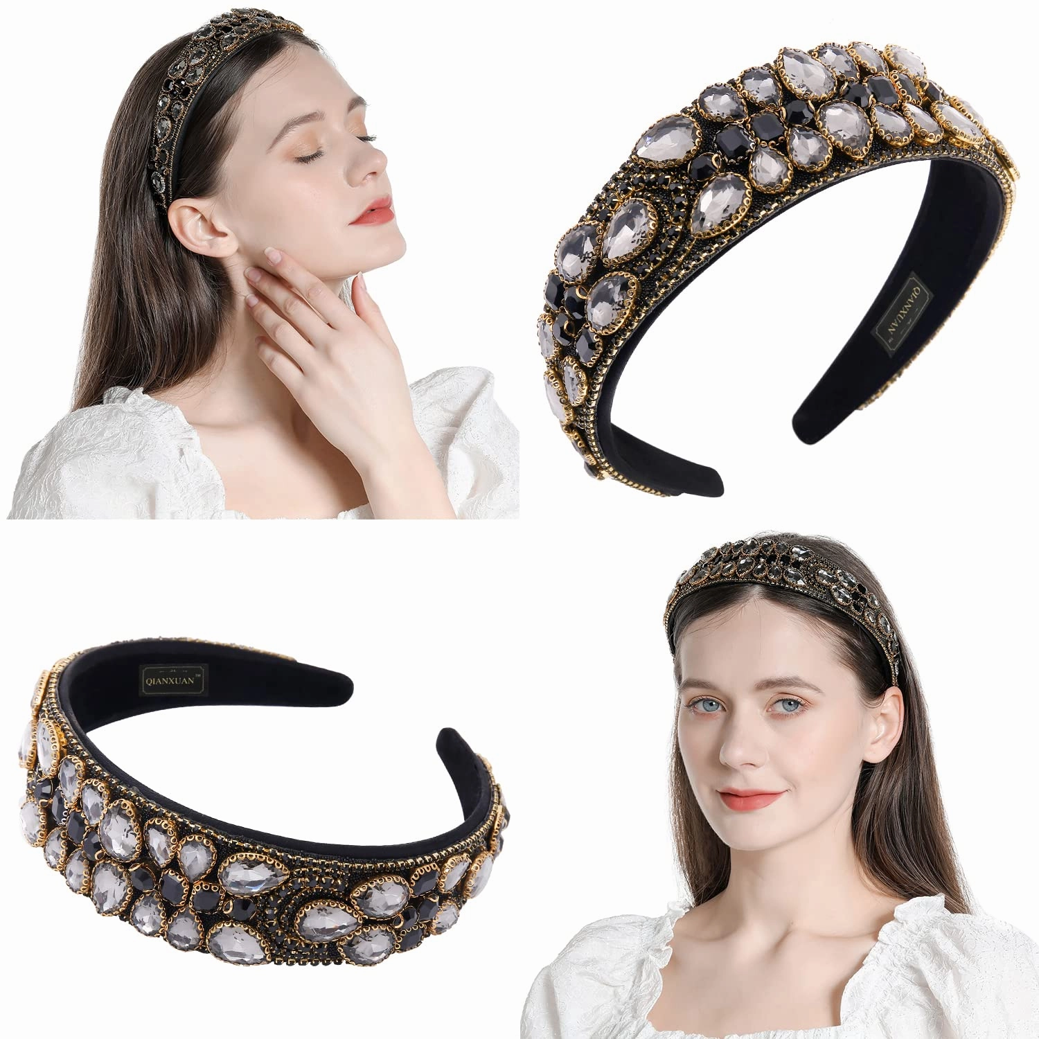 Embellished Rhinestones Headbands, Women's Hair Accessories, Fashion Crystal Beaded Headbands, Bling Chains Diamond Hairband, Party Girl Hair Hoop, Faux Gem, White, Black, Baroque