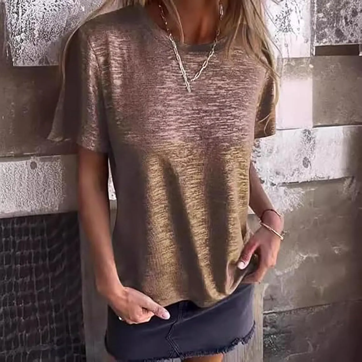 Emboadlie Gold Foil Short-Sleeved T-Shirt, Gold Foil Round Neck Short Sleeve Comfortable and Breathable Top Soft