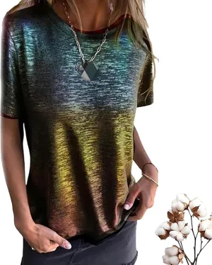 Emboadlie Gold Foil Short-Sleeved T-Shirt, Gold Foil Round Neck Short Sleeve Comfortable and Breathable Top Soft