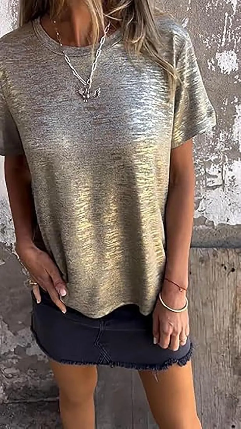 Emboadlie Gold Foil Short-Sleeved T-Shirt, Gold Foil Round Neck Short Sleeve Comfortable and Breathable Top Soft