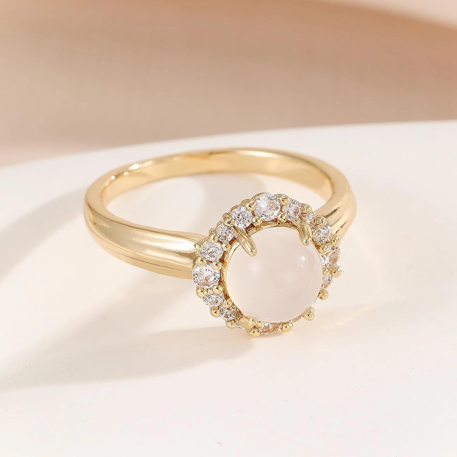 ENDLESSNESS & ETERNITY Moonstone CZ Cubic Zirconia 14K Gold Plated Wedding Band Ring Chunky Statment Band Ring