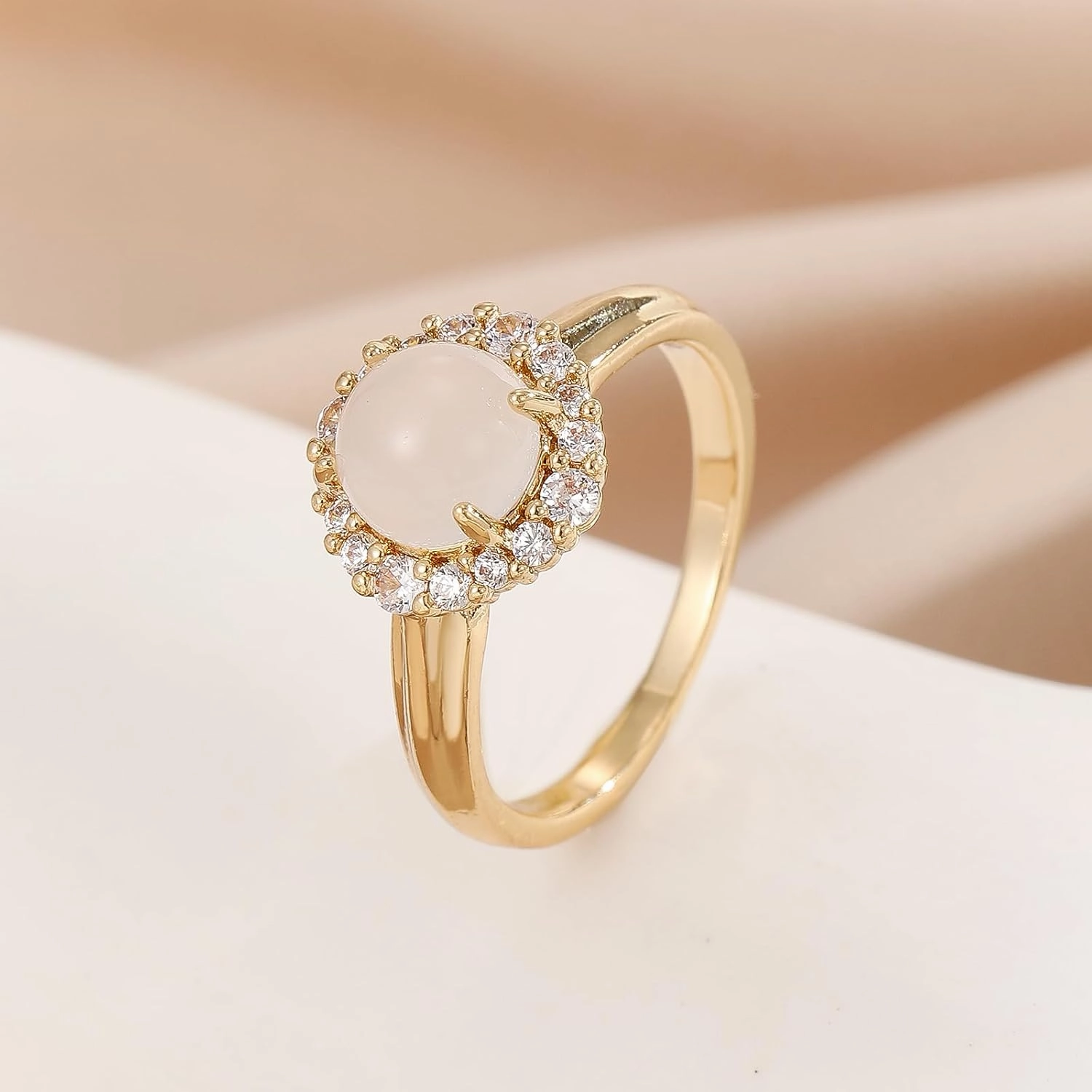 ENDLESSNESS & ETERNITY Moonstone CZ Cubic Zirconia 14K Gold Plated Wedding Band Ring Chunky Statment Band Ring