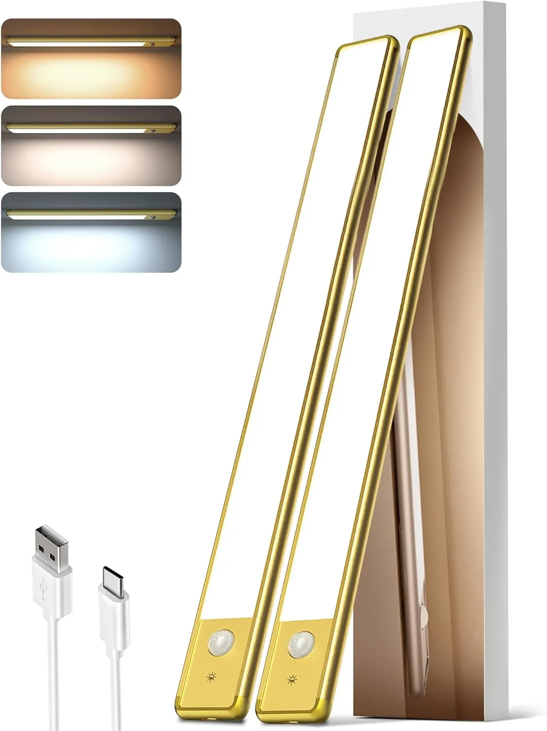 EZVALO 16.5in Under Cabinet Lighting, 4000mAh Rechargeable Motion Sensor Lights, 145 LED Motion Activated Closet Light Wireless, 3 Color Temps, Dimmable Under Counter Lights for Kitchen(Golden,2 Pack)