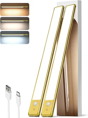 EZVALO 16.5in Under Cabinet Lighting, 4000mAh Rechargeable Motion Sensor Lights, 145 LED Motion Activated Closet Light Wireless, 3 Color Temps, Dimmable Under Counter Lights for Kitchen(Golden,2 Pack)