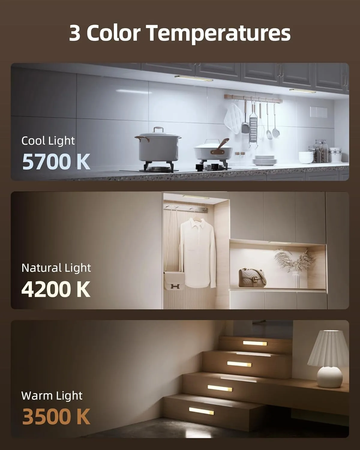 EZVALO 16.5in Under Cabinet Lighting, 4000mAh Rechargeable Motion Sensor Lights, 145 LED Motion Activated Closet Light Wireless, 3 Color Temps, Dimmable Under Counter Lights for Kitchen(Golden,2 Pack)