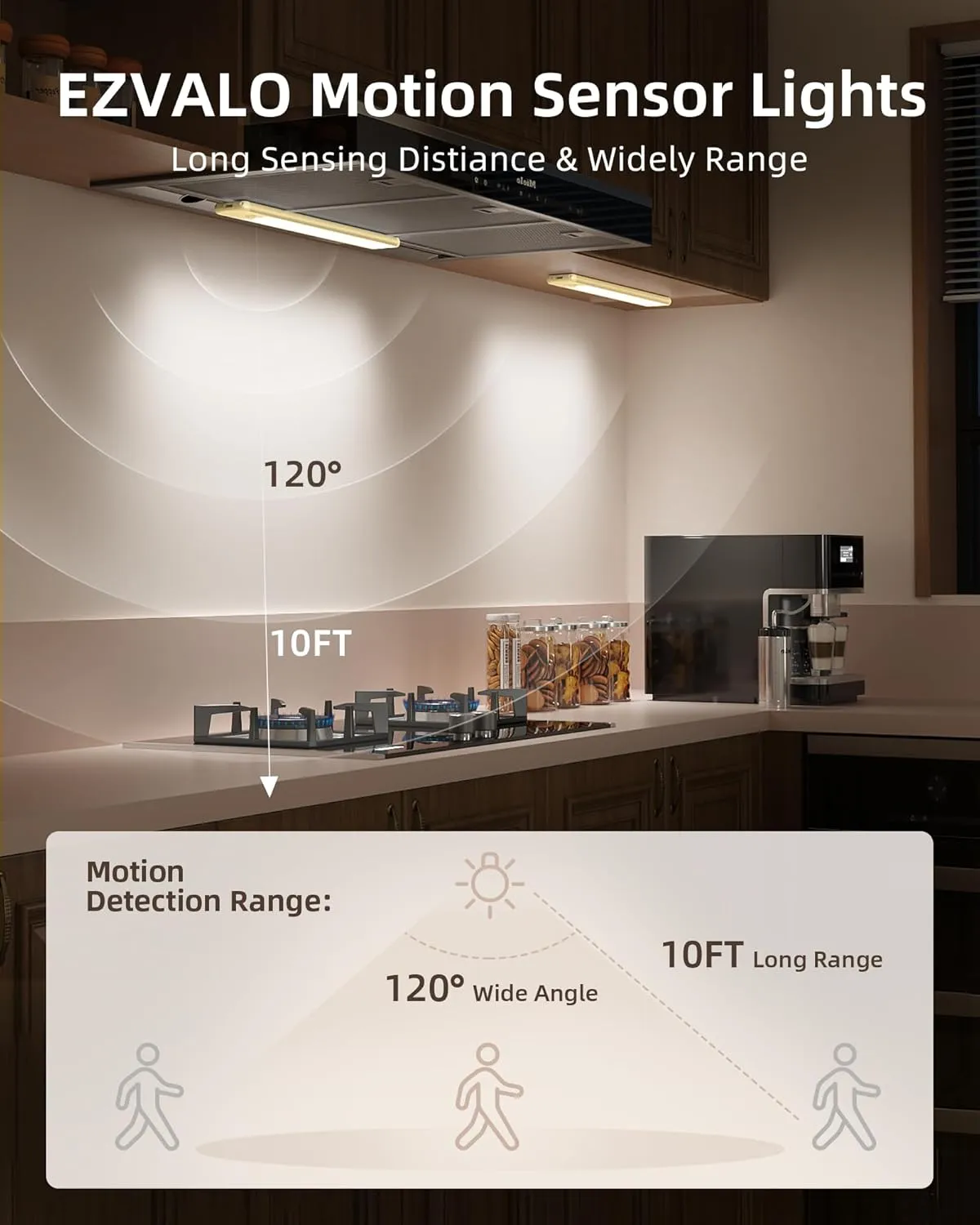 EZVALO 16.5in Under Cabinet Lighting, 4000mAh Rechargeable Motion Sensor Lights, 145 LED Motion Activated Closet Light Wireless, 3 Color Temps, Dimmable Under Counter Lights for Kitchen(Golden,2 Pack)