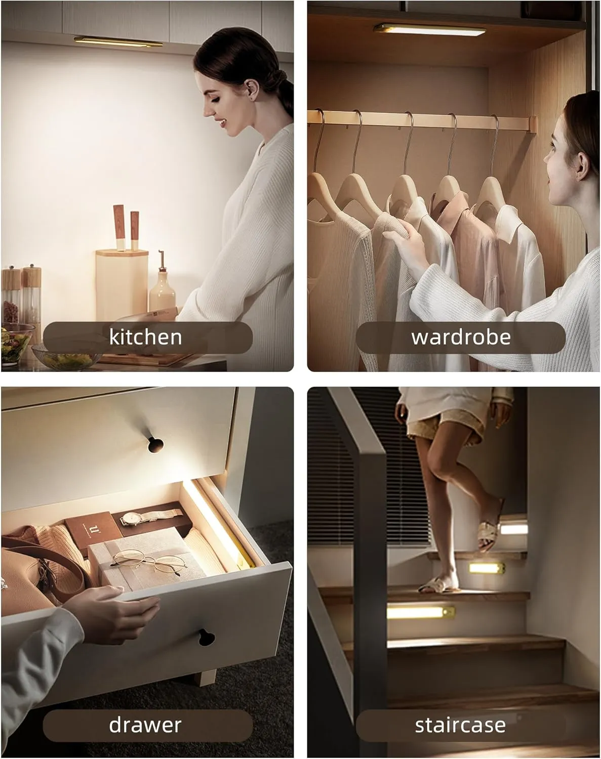 EZVALO 16.5in Under Cabinet Lighting, 4000mAh Rechargeable Motion Sensor Lights, 145 LED Motion Activated Closet Light Wireless, 3 Color Temps, Dimmable Under Counter Lights for Kitchen(Golden,2 Pack)