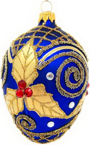 Fabergé Egg 5-inch Blown Glass Christmas Tree Ornament Navy Blue with Gold Embellishments Mistletoe Leaves (Sapphire Matte)