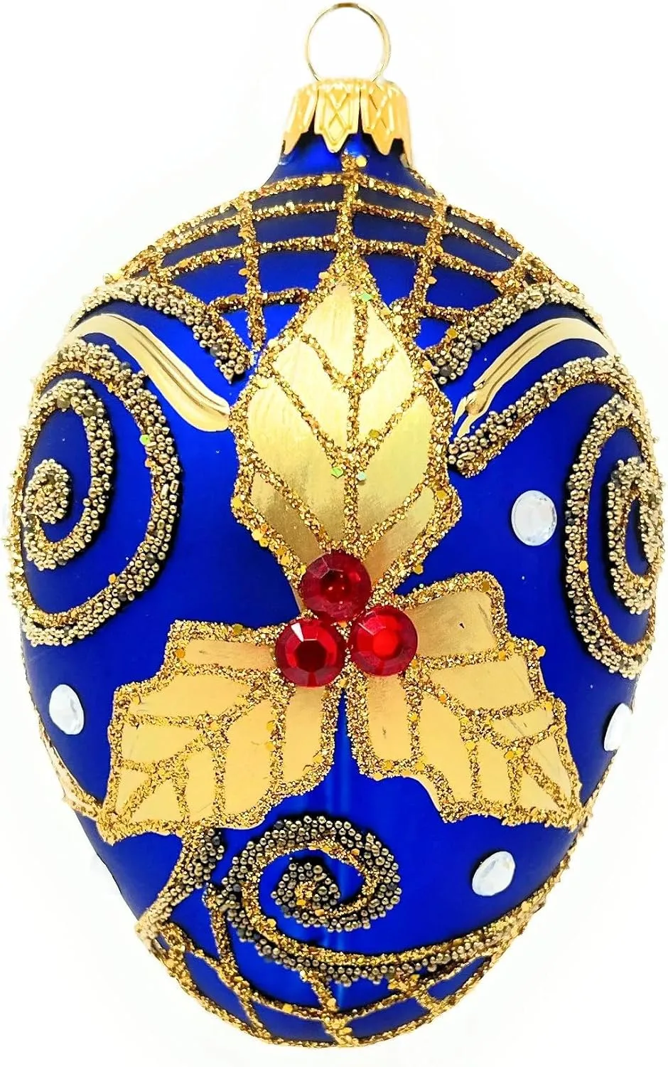 Fabergé Egg 5-inch Blown Glass Christmas Tree Ornament Navy Blue with Gold Embellishments Mistletoe Leaves (Sapphire Matte)